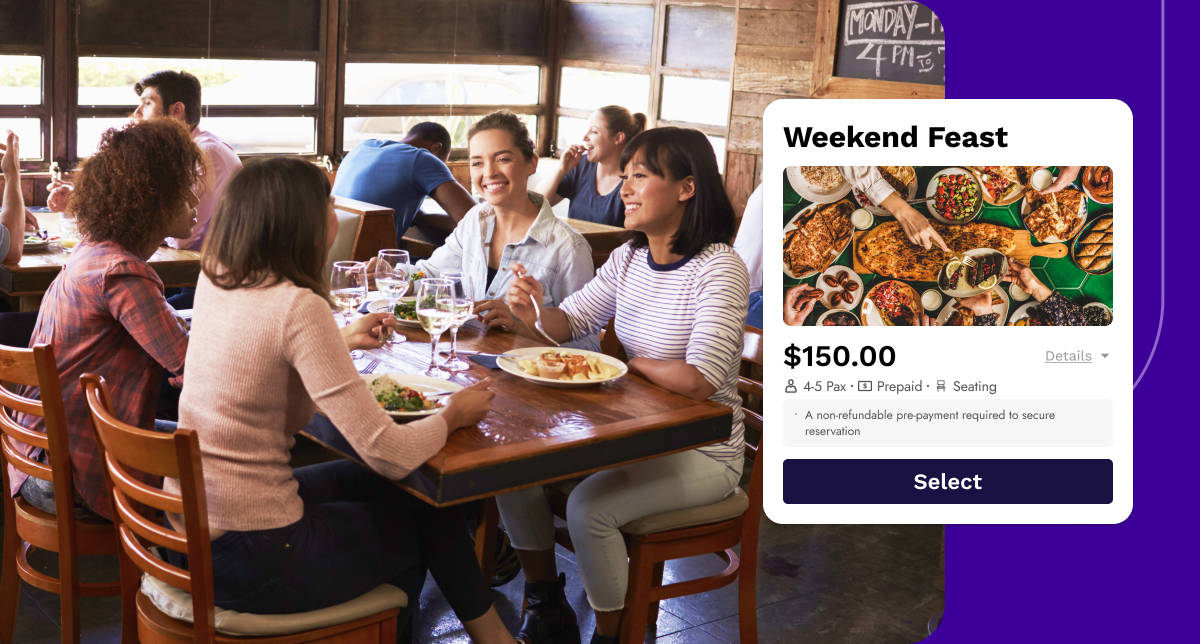 Crowded restaurant setting with happy diners, featuring a sample restaurant reservation ticket for a weekend feast