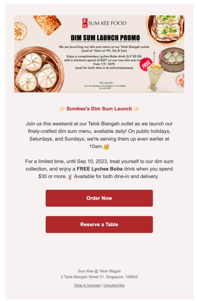 Sum Kee’s marketing email which lets the customer know that they can order online or reserve a table for their next visit