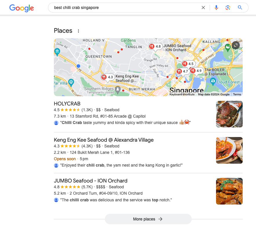 Google Maps Result for Chilli Crab