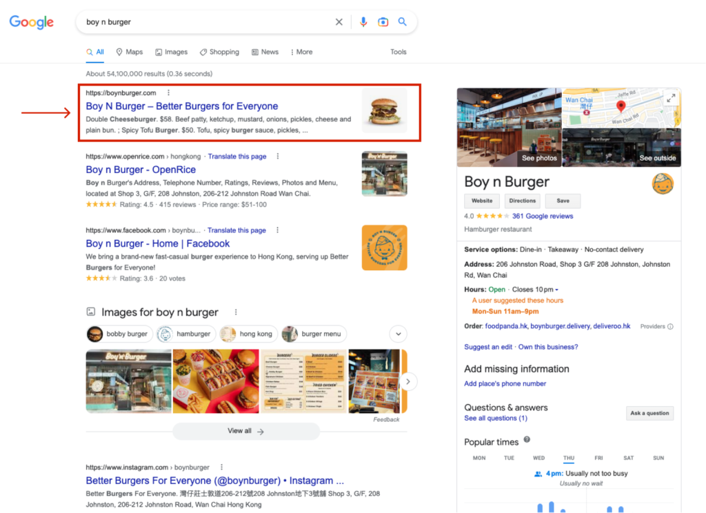 Oddle線上外賣系統後台提供基本SEO優化功能。Boy N Burger經SEO優化後，Google搜索排名已升至第一位。
